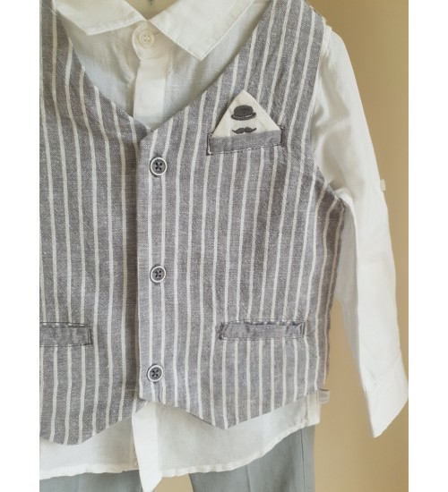 Boboli lininis komplektukas ( marškinukai su liemene ir kelnytės ). Spalva balta / pilka dryžuota